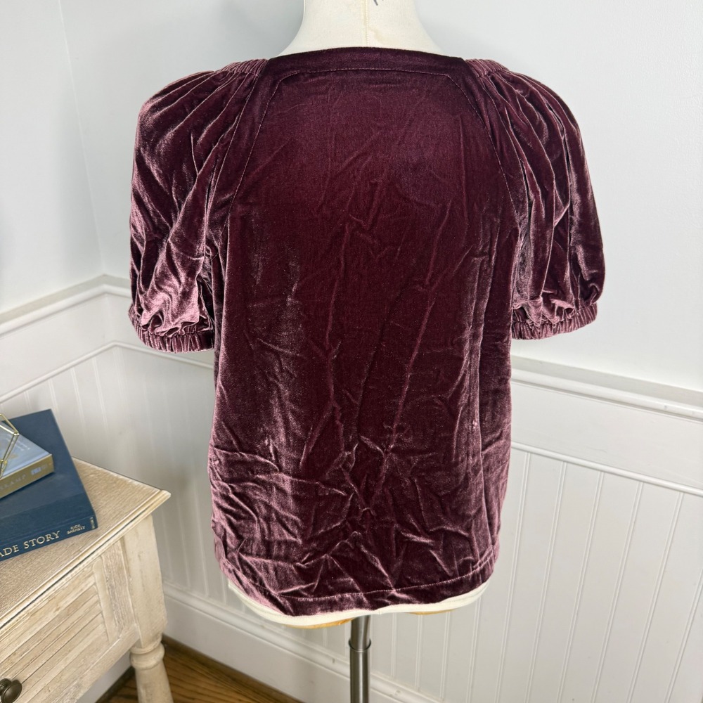 LOFT Petites Burgundy Velvet Sweetheart Puff Sleeve Top Small SP NWT - Picture 3 of 7